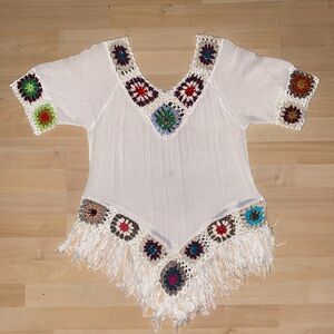 Boho Crochet Trim White V-Neck Fringe Women's Top